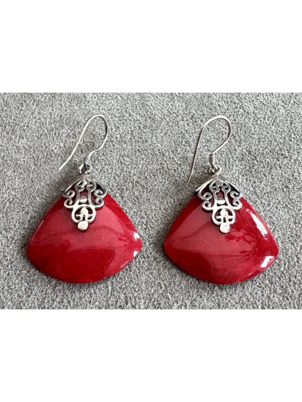 Vintage RED CORAL  in Ornate STERLING Silver DANGLE EARRINGS 1.5" Signed BC